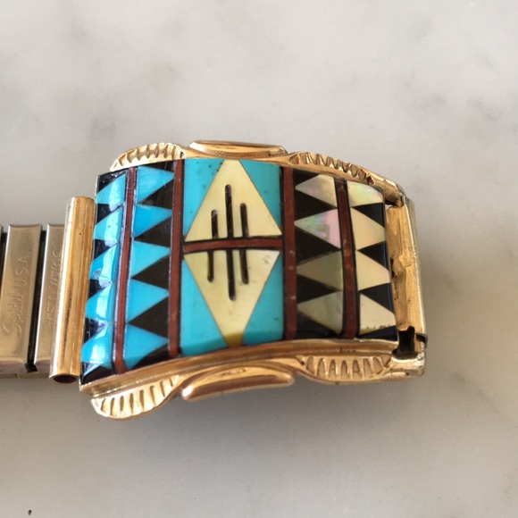 Vintage 14K Gold Native American Zuni Watch Tips Artist Signed Walley - Picture 6 of 11